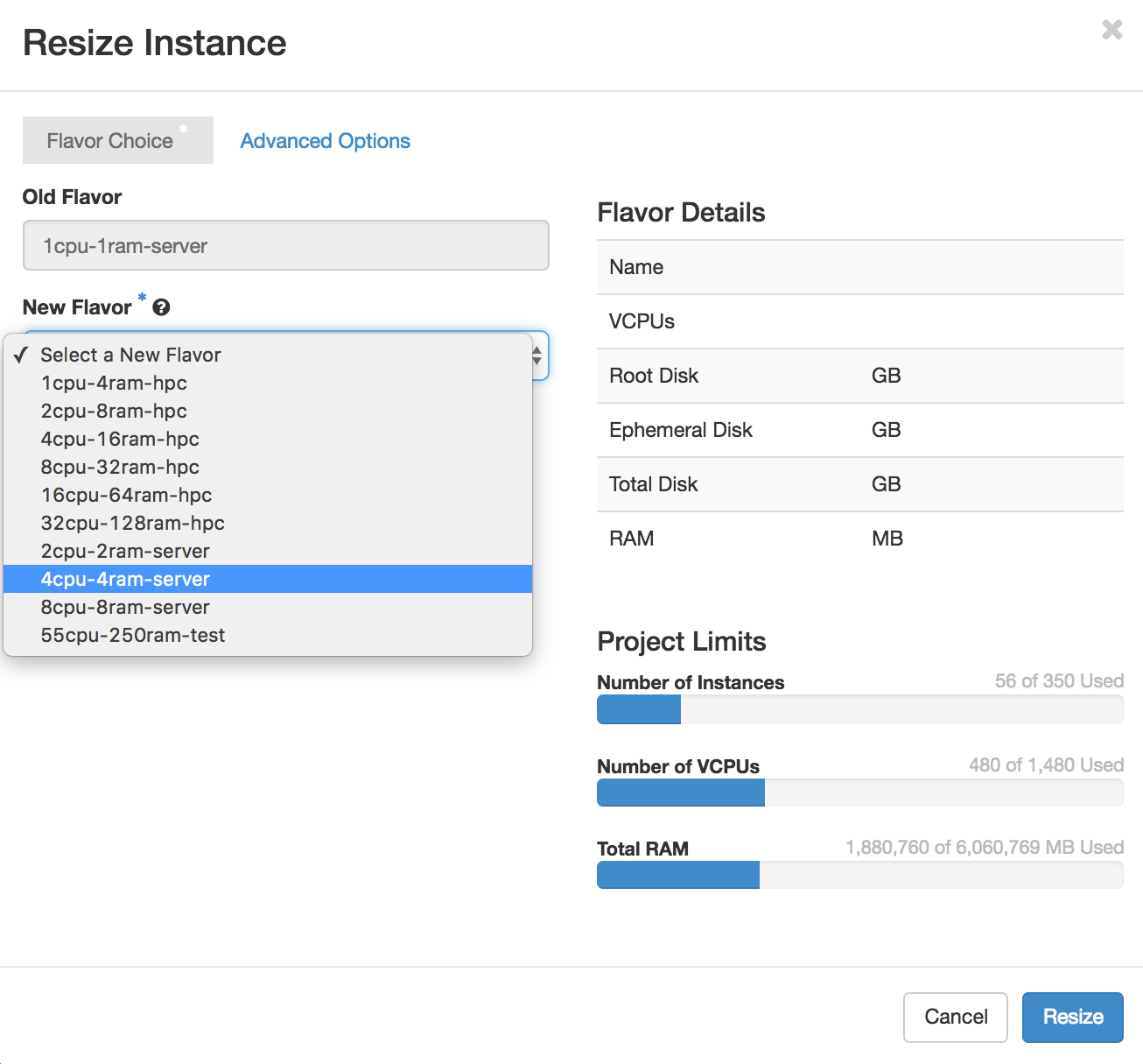 screenshot: resize instance