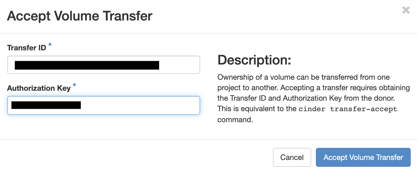 Accept Volume Transfer window